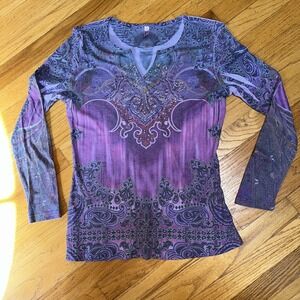 Kiara Y2K Long Sleeve Shirt L Purple Paisley Print Rhinestone Boho Stretch Top
